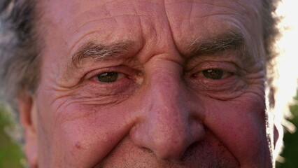 Macro close up of a happy wise wrinkled senior man eyes looks at camera smiling
