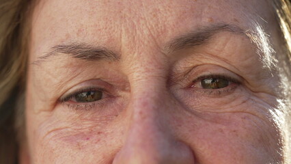 Joyful senior woman macro eyes close up looking at camera. Expressive aged older female person in 70s