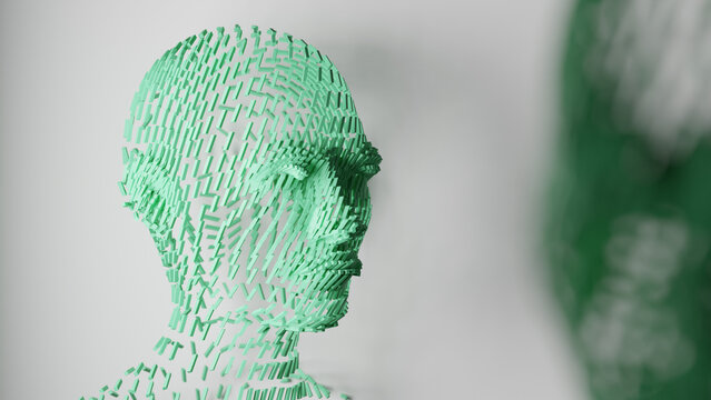 This vector illustration depicts the silhouette of a woman's head in profile, with an abstract black skull and brain visible inside. The concept behind this 3D icon is the idea of the mind.