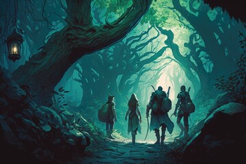 Obraz premium Digital art. Fantasy art, Wallpaper. A group of adventurers journeying through a dangerous, enchanted forest. Generative ai