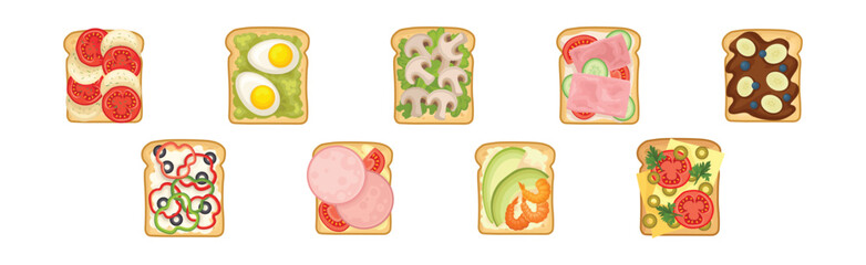 Tasty Sandwich and Bread Slice or Toast with Topping Vector Set