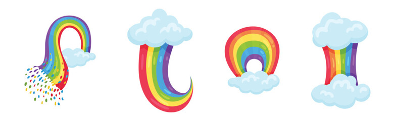 Bright Arched Rainbow with Soft Fluffy Clouds Vector Set