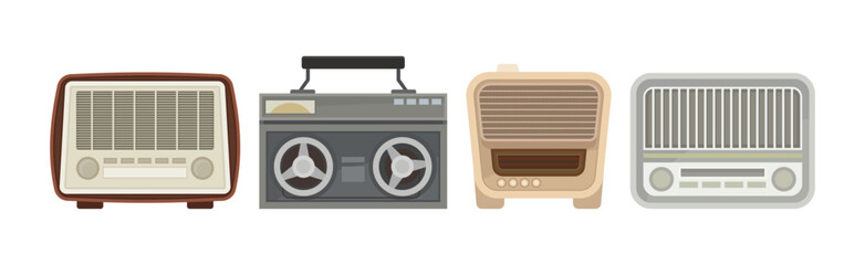 Retro Vintage Radio with Tuner as Old-fashioned Media Device Vector Set