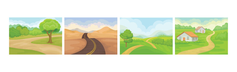 Fototapeta premium Beautiful Summer Landscape and Nature Scenes with Green Hills and Blue Sky Vector Set
