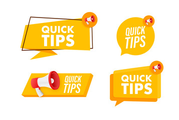 Megaphone label set with text quick tips. Megaphone in hand promotion banner. Marketing and advertising