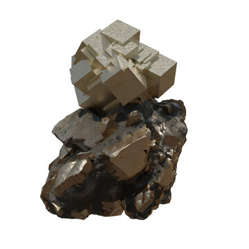 A 3D rendered image shows a shiny metal surface with a rough texture similar to the pyrite mineral. The surface appears to be part of a larger rock structure with jagged edges and irregular shapes.