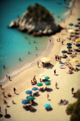 Aerial view with tilt shift effectof people sunbathing in a beach in Corfu at summer holidays, Generative AI