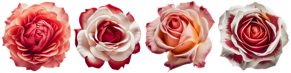Assorted fancy pink roses on transparent PNG background. Flatlay top view of rose flowers. Floral graphic resources. Created with Generative AI. 