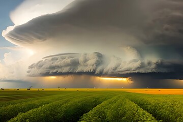 Supercell Storm With Tornado And Lightning Over A Crop Field. Generative AI