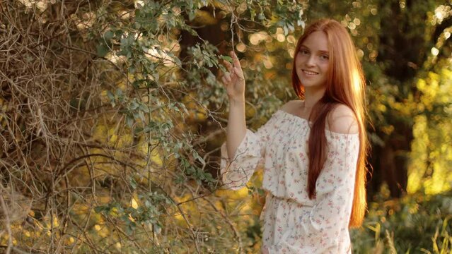 Charming cute young woman girl with long red hair in a summer dress stands in the park in the forest in the sunbeam at sunset