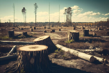 Deforestation With Many Stumps, Cutting Down Trees, Environmental Pollution and Ecological Problems: AI Generated Image