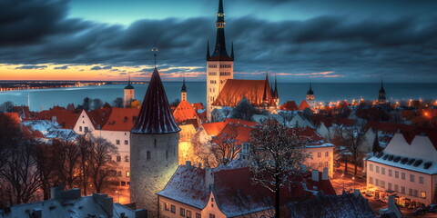 Fototapeta na wymiar Tallinn old town city panorama at pink orange evening sunset at sea big fool moon,medieval and modern houses on horizon ,light reflection on sea water wave generated ai