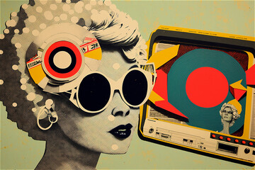 Paper collage of retro image of a woman in sunglasses, vintage collage. Generative AI