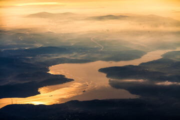 Aerial view at Bosphorus channel on surise in in Istanbul, Turkey