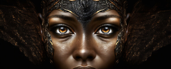 Close up image of a dark skinned fantasy princess female of beauty.  Image created with generative ai not a real person. 