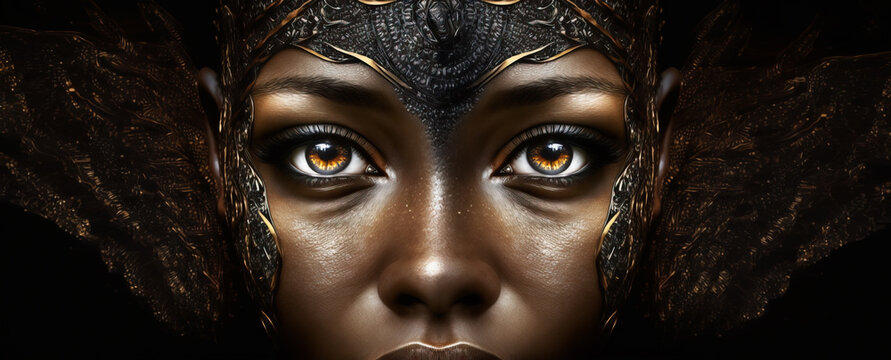 Close up image of a dark skinned fantasy princess female of beauty.  Image created with generative ai not a real person. 