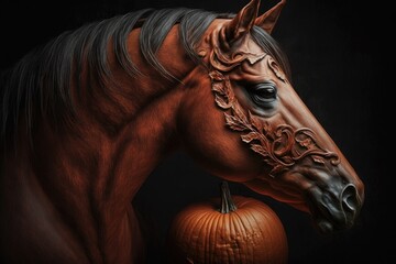 Fototapeta na wymiar Artistic close up of a red horse with a pumpkin for Halloween. Generative AI