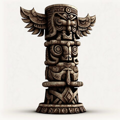 Ancient totem shamanic wooden pole with carved symbols and patterns isolated on white close-up - obrazy, fototapety, plakaty