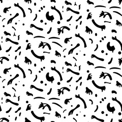 This abstract illustration is a pattern made up of whimsical, cartoonish hands. The hands come in a variety of shapes, sizes, creating a playful and vibrant scene. Some hands are making ge