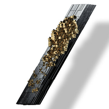 A 3D rendered image shows a shiny metal surface with a rough texture similar to the pyrite mineral. The surface appears to be part of a larger rock structure with jagged edges and irregular shapes.