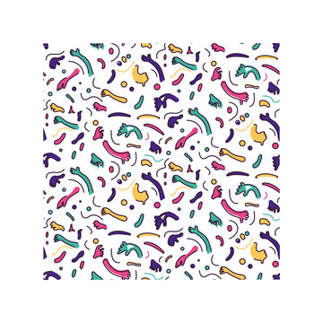 This abstract illustration is a pattern made up of whimsical, cartoonish hands. The hands come in a variety of shapes, sizes, and colors, creating a playful and vibrant scene. Some hands are making ge