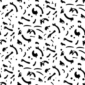 This abstract illustration is a pattern made up of whimsical, cartoonish hands. The hands come in a variety of shapes, sizes, creating a playful and vibrant scene. Some hands are making ge