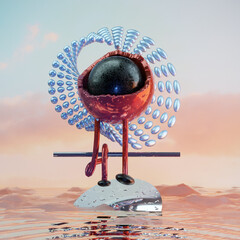 A ragged bird perches on a rusted orange umbrella in this post-apocalyptic 3D rendering amid a barren wasteland. The landscape is spooky and dismal due to the cloudy sky and the air being heavy with d