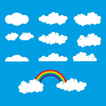conjunto de nuvens com c&eacute;u azul e nuvem com arco-&iacute;ris