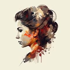 Obraz na płótnie Canvas Beautiful female profile. Pretty woman with a cute hairstyle with flowers on light background. Generative AI