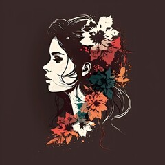 Beautiful female profile. Pretty woman with a cute hairstyle with flowers on dark background. Generative AI