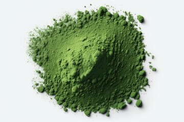 Superfood powder in green hue, piled on white background. Green powders like matcha or sacha inchi tea, chlorella, moringa, wheatgrass, or broccoli. Point of view from above, blank canvas for your own