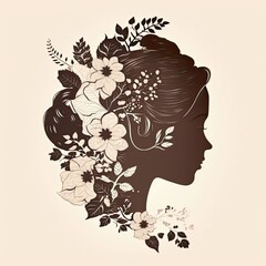 Beautiful female profile. Pretty woman with a cute hairstyle with flowers on light background. Generative AI