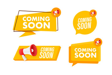 Megaphone label set with text coming soon. Megaphone in hand promotion banner. Marketing and advertising