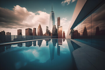Rooftop Pool at Luxury 5-star Hotel with a great view of the metropolis. Generative AI