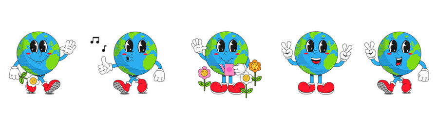 An illustration for Earth Day in a trendy retro cartoon style. Funny vector illustrations of planet Earth. Set illustrations for World Environment Day. Eco-green concept.