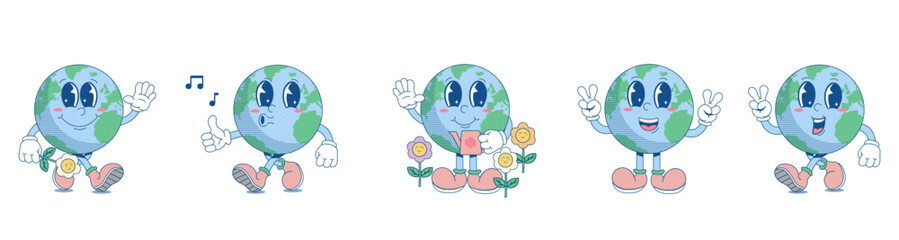 An illustration for Earth Day in a trendy retro cartoon style. Funny vector illustrations of planet Earth. Set illustrations for World Environment Day. Eco-green concept.