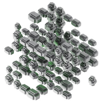 A visually stunning stock image of 3D abstract buildings with a modern and green design, perfect for architectural projects and spatial visualizations.