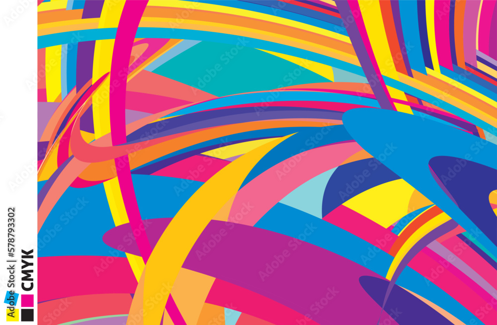 Poster Colorful abstraction by saturated multicolor curved stripes. Vector graphics