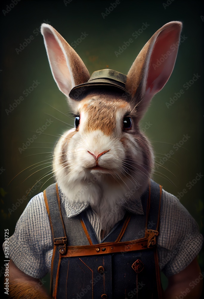 Wall mural Portrait of an Easter Bunny wearing Farmer uniform. Generative AI