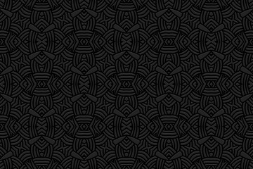 Embossed black background, cover design. Geometric original 3D pattern, press paper, leather. Boho, handmade ethnic themes. Traditions of the East, Asia, India, Mexico, Aztecs, Peru.