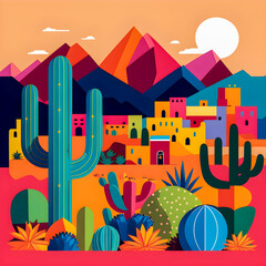Obraz premium Mexico landscape, flat design illustration, mexican summer, Generative AI