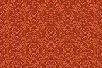 Embossed light brown background, cover design. Geometric exotic 3D pattern, press paper, leather. Boho, handmade ethnic themes. Traditions of the East, Asia, India, Mexico, Aztecs, Peru.