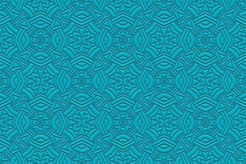 Embossed blue background, cover design. Geometric art 3D pattern, press paper, leather. Boho, handmade ethnic themes. Traditions of the East, Asia, India, Mexico, Aztecs, Peru.