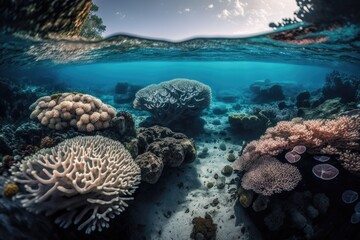 Ocean floor covered in corals, wallpaper.