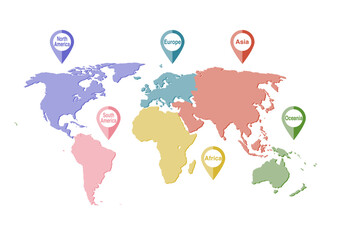 世界地図のイラスト: 六大州と位置情報マーク