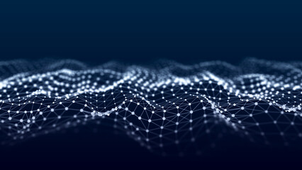 A wave of dots and lines of network connection. Technological background. 3D rendering.