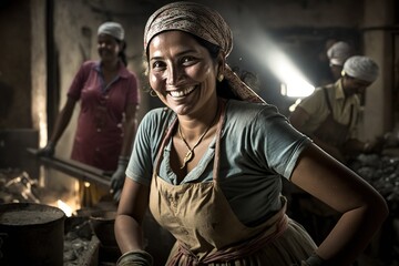Fototapeta na wymiar Young Latina woman smiles at the camera, at her hard, dirty and sweaty workplace. Ai generated.