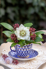 ein kleiner Blumenstrauß mit weißer Lenzrose und Skimmia in vintage Porzellan-Tasse