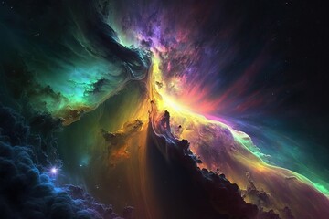 Fototapeta na wymiar Galactic nebula in space, brightly colored clouds, dramatic space background. Ai generated.