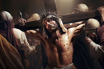 Illustration of the Passion of Christ, carrying the cross and suffering for his sins, religious image for Holy Week.Ai generated.